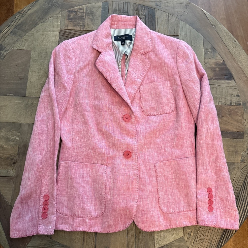 Talbots 100% Linen Coral Pink  Blazer Jacket Size 2P Coastal  Preppy